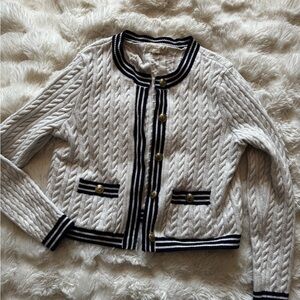 Marled Navy Blue and White Cardigan Sweater